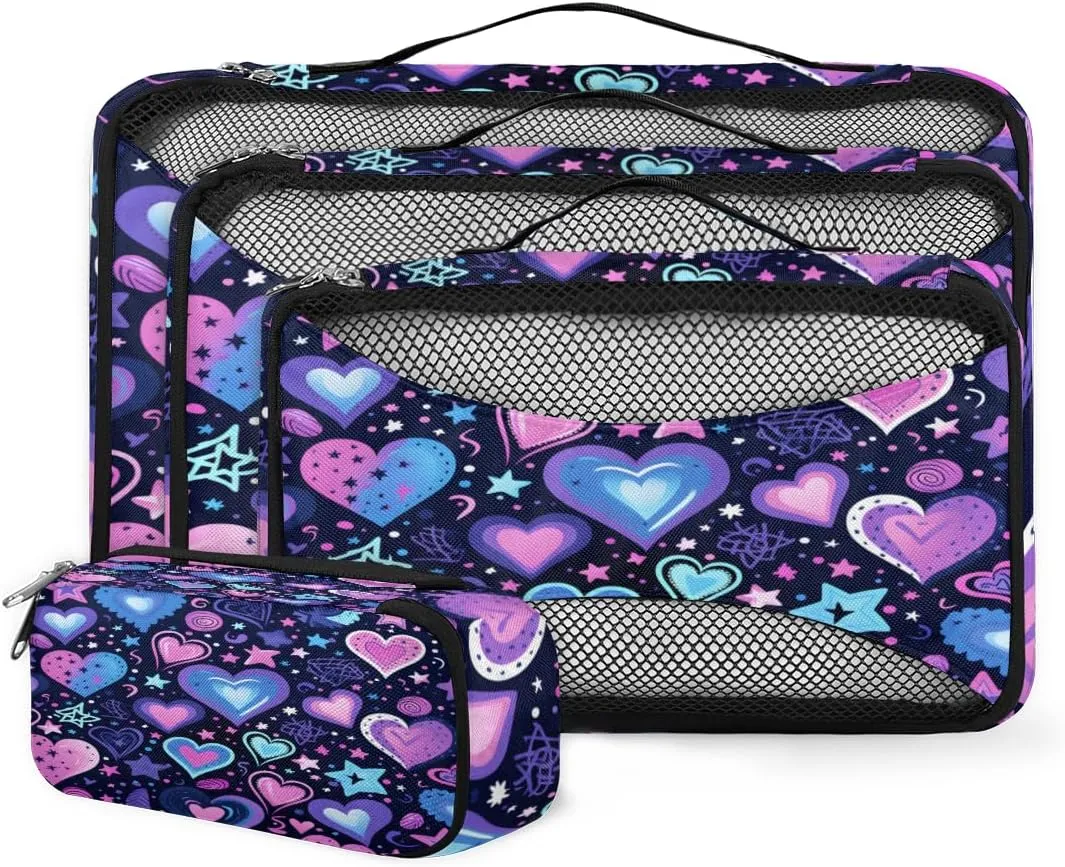 4 Set Packing Cubes for Suitcases, Travel Essentials for Carry on Luggage, Cartoon Heart Suitcase Organizers for Clothes Shoes Toiletries Travel Accessories in 4 Sizes - Graffiti Heart