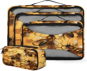 4 Set Packing Cubes for Suitcases, Travel Essentials for Carry on Luggage, Colorful Bee Suitcase Organizers for Clothes Shoes Toiletries Travel Accessories in 4 Sizes - Honey Bee