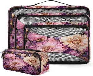 4 Set Packing Cubes for Suitcases, Travel Essentials for Carry on Luggage, Colorful Flower Suitcase Organizers for Clothes Shoes Toiletries Travel Accessories in 4 Sizes - Modern Flower