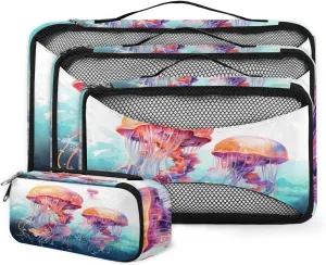 4 Set Packing Cubes for Suitcases, Travel Essentials for Carry on Luggage, Colorful Jellyfish Suitcase Organizers for Clothes Shoes Toiletries Travel Accessories in 4 Sizes - Magical Jellyfish