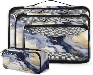 4 Set Packing Cubes for Suitcases, Travel Essentials for Carry on Luggage, Colorful Marble Suitcase Organizers for Clothes Shoes Toiletries Travel Accessories in 4 Sizes - Blue Gold Marble