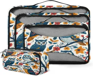4 Set Packing Cubes for Suitcases, Travel Essentials for Carry on Luggage, Colorful Owl Suitcase Organizers for Clothes Shoes Toiletries Travel Accessories in 4 Sizes - Graffiti Owl