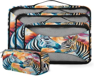 4 Set Packing Cubes for Suitcases, Travel Essentials for Carry on Luggage, Colorful Zebra Suitcase Organizers for Clothes Shoes Toiletries Travel Accessories in 4 Sizes - Abstract Zebra