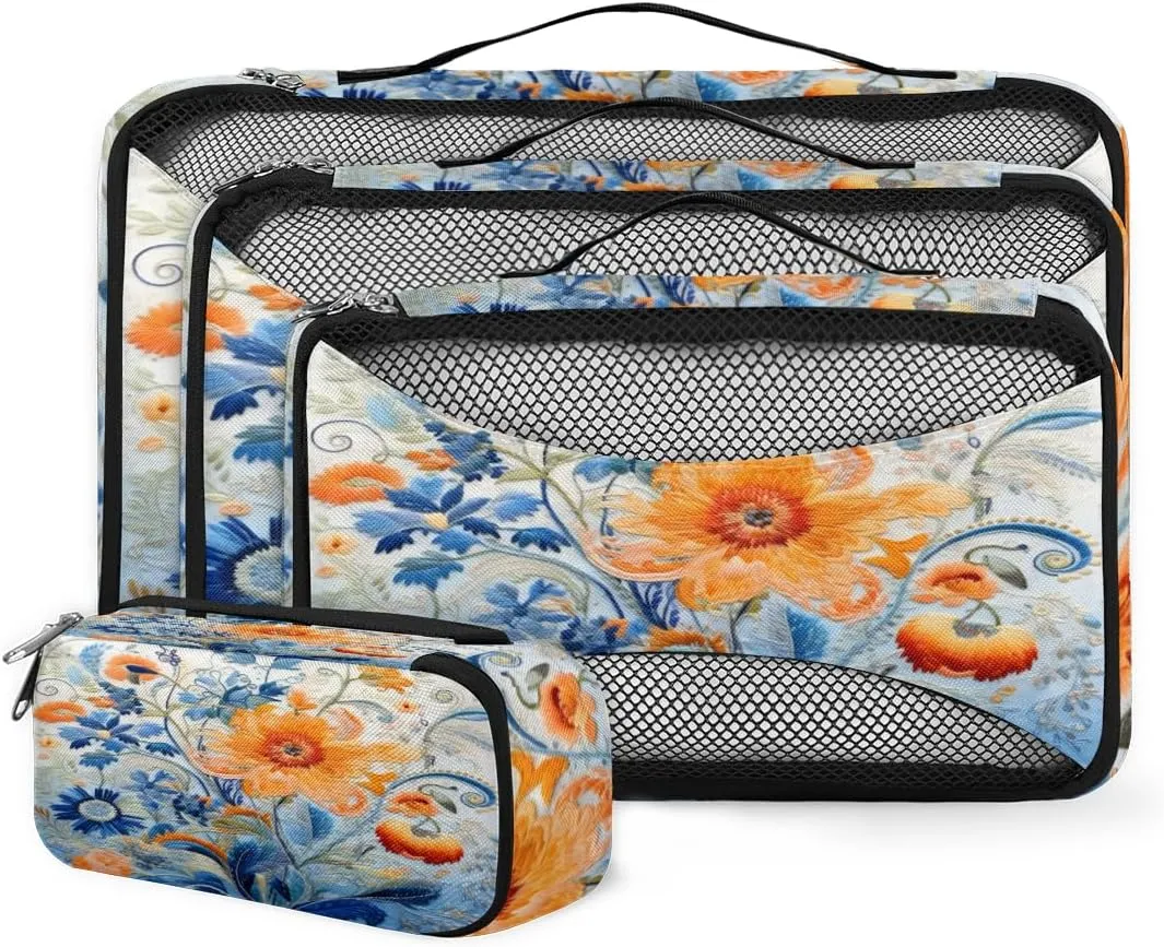 4 Set Packing Cubes for Suitcases, Travel Essentials for Carry on Luggage, Cute Flower Suitcase Organizers for Clothes Shoes Toiletries Travel Accessories in 4 Sizes - Beautiful Flower