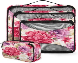 4 Set Packing Cubes for Suitcases, Travel Essentials for Carry on Luggage, Cute Flower Suitcase Organizers for Clothes Shoes Toiletries Travel Accessories in 4 Sizes - Colorful Flower