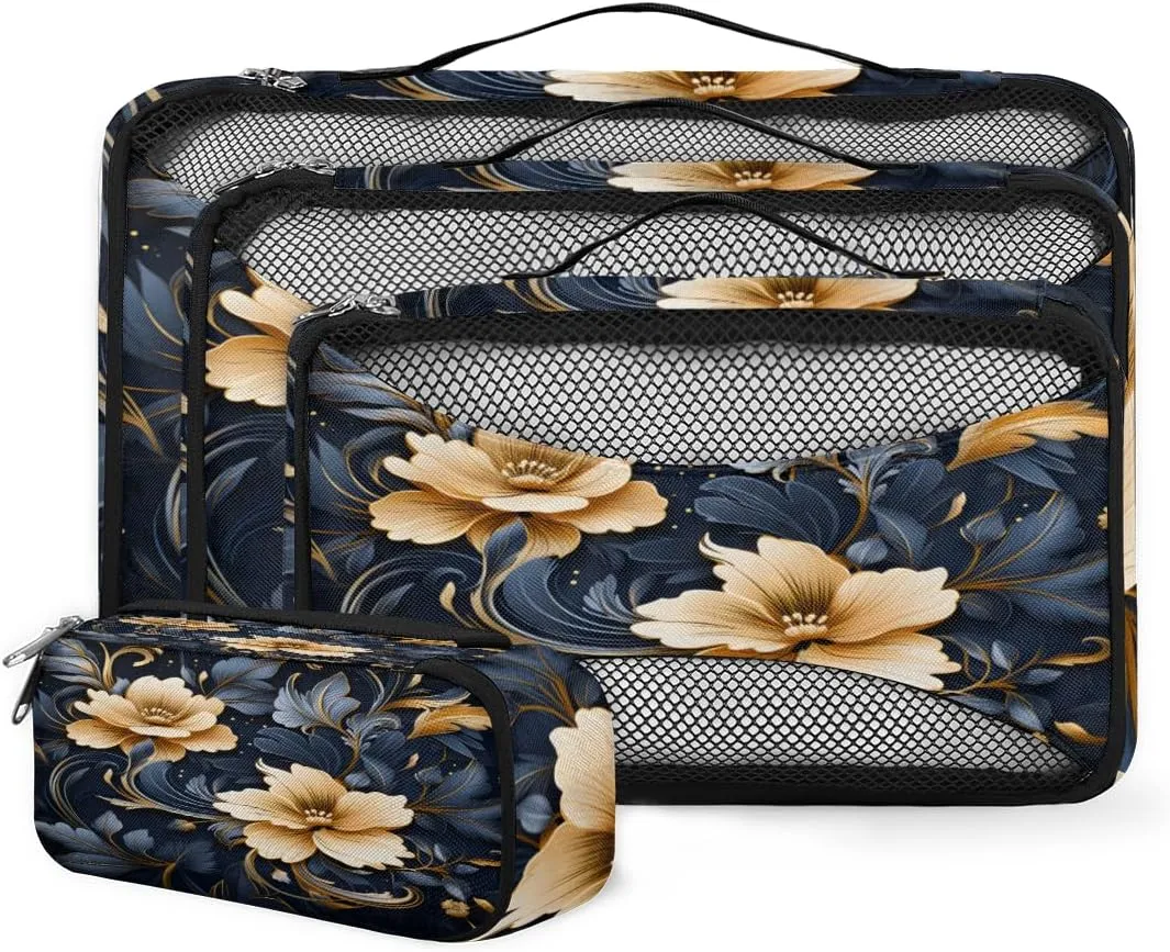 4 Set Packing Cubes for Suitcases, Travel Essentials for Carry on Luggage, Dreamy Flower Suitcase Organizers for Clothes Shoes Toiletries Travel Accessories in 4 Sizes - Modern Flower