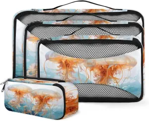 4 Set Packing Cubes for Suitcases, Travel Essentials for Carry on Luggage, Dreamy Jellyfish Suitcase Organizers for Clothes Shoes Toiletries Travel Accessories in 4 Sizes - Colorful Jellyfish