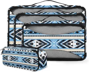 4 Set Packing Cubes for Suitcases, Travel Essentials for Carry on Luggage, Ethnic Aztec Suitcase Organizers for Clothes Shoes Toiletries Travel Accessories in 4 Sizes - Vintage Striped Pattern
