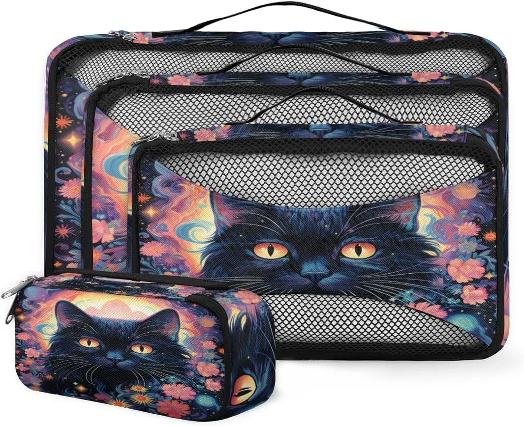 4 Set Packing Cubes for Suitcases, Travel Essentials for Carry on Luggage, Ethnic Cat Suitcase Organizers for Clothes Shoes Toiletries Travel Accessories in 4 Sizes - Cute Cat