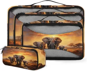 4 Set Packing Cubes for Suitcases, Travel Essentials for Carry on Luggage, Ethnic Elephant Suitcase Organizers for Clothes Shoes Toiletries Travel Accessories in 4 Sizes - Sunset Elephant