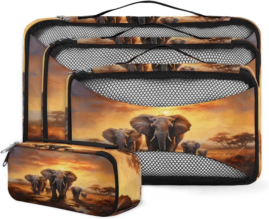 4 Set Packing Cubes for Suitcases, Travel Essentials for Carry on Luggage, Ethnic Elephant Suitcase Organizers for Clothes Shoes Toiletries Travel Accessories in 4 Sizes - Sunset Elephant