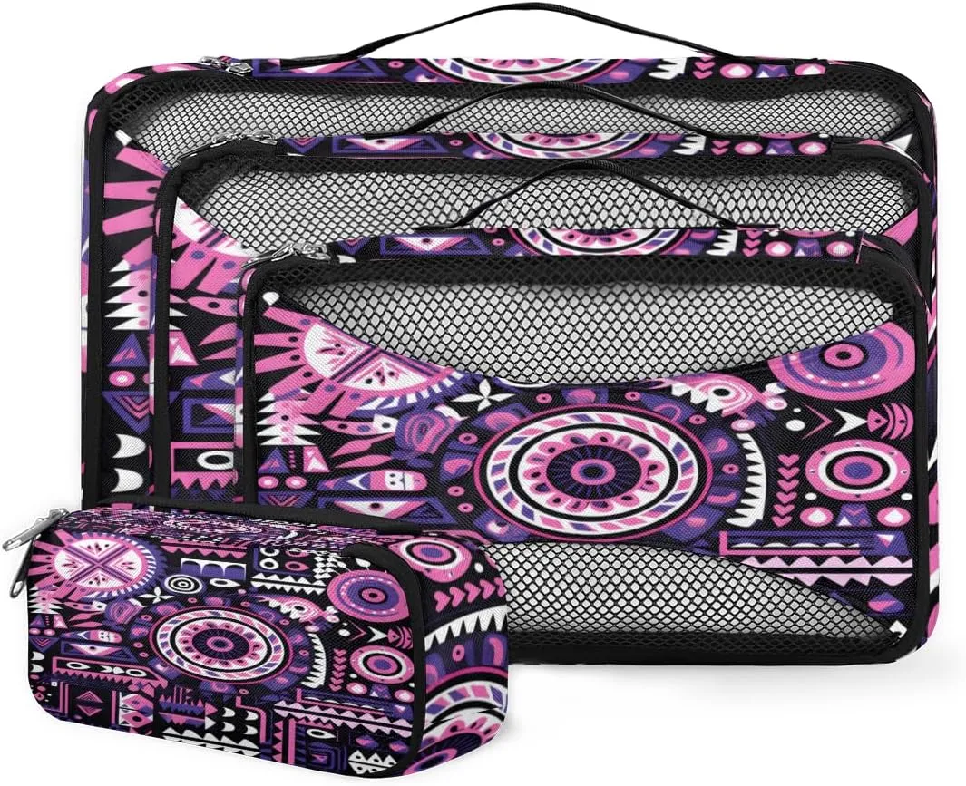 4 Set Packing Cubes for Suitcases, Travel Essentials for Carry on Luggage, Ethnic Mandala Suitcase Organizers for Clothes Shoes Toiletries Travel Accessories in 4 Sizes - Geometry Aztec