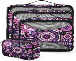 4 Set Packing Cubes for Suitcases, Travel Essentials for Carry on Luggage, Ethnic Mandala Suitcase Organizers for Clothes Shoes Toiletries Travel Accessories in 4 Sizes - Geometry Aztec