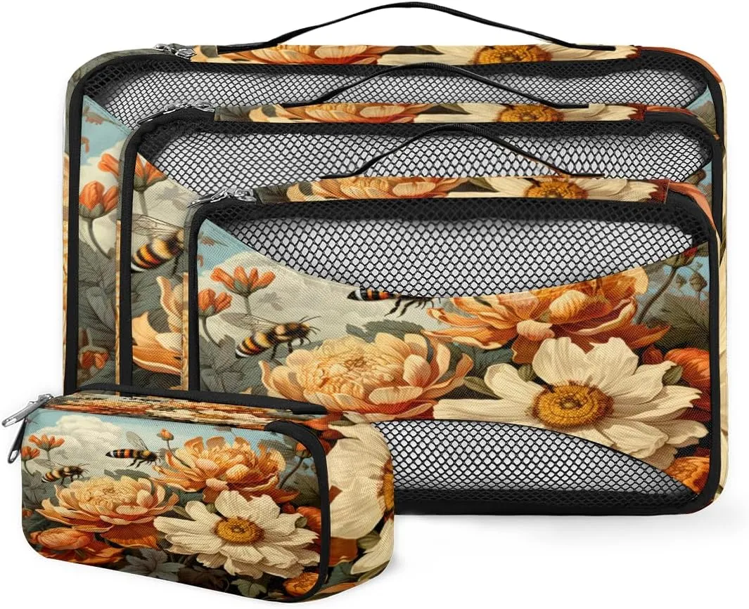 4 Set Packing Cubes for Suitcases, Travel Essentials for Carry on Luggage, Fantastic Bee Suitcase Organizers for Clothes Shoes Toiletries Travel Accessories in 4 Sizes - Flowers Bee