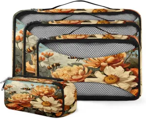 4 Set Packing Cubes for Suitcases, Travel Essentials for Carry on Luggage, Fantastic Bee Suitcase Organizers for Clothes Shoes Toiletries Travel Accessories in 4 Sizes - Flowers Bee