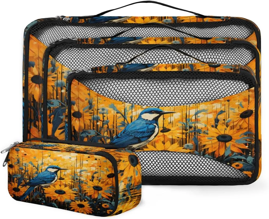 4 Set Packing Cubes for Suitcases, Travel Essentials for Carry on Luggage, Fantastic Bird Suitcase Organizers for Clothes Shoes Toiletries Travel Accessories in 4 Sizes - Lovely Bird
