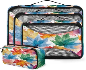4 Set Packing Cubes for Suitcases, Travel Essentials for Carry on Luggage, Fantastic Leaves Suitcase Organizers for Clothes Shoes Toiletries Travel Accessories in 4 Sizes - Colorful Maple Leaves