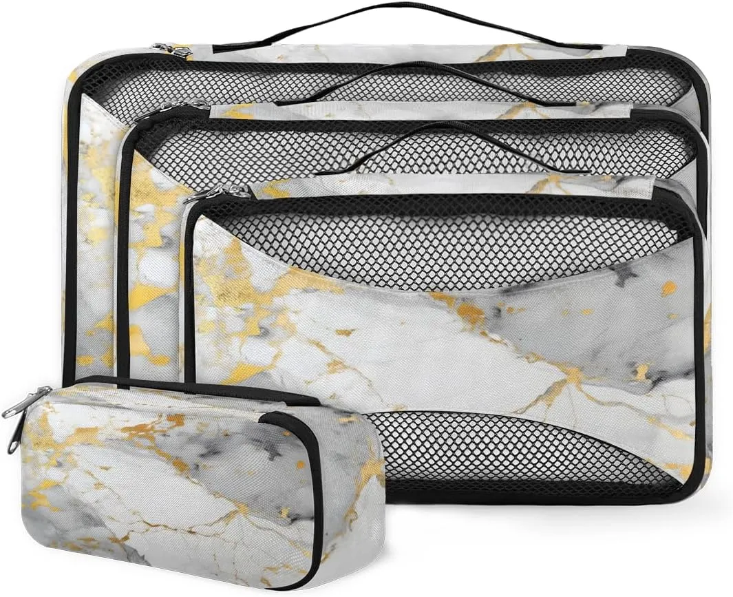 4 Set Packing Cubes for Suitcases, Travel Essentials for Carry on Luggage, Fantastic Marble Suitcase Organizers for Clothes Shoes Toiletries Travel Accessories in 4 Sizes - Abstract Marble