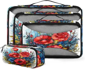 4 Set Packing Cubes for Suitcases, Travel Essentials for Carry on Luggage, Fantastic Rose Suitcase Organizers for Clothes Shoes Toiletries Travel Accessories in 4 Sizes - Retro Rose