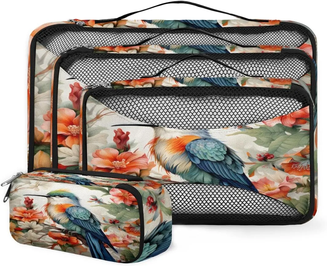 4 Set Packing Cubes for Suitcases, Travel Essentials for Carry on Luggage, Flower Bird Suitcase Organizers for Clothes Shoes Toiletries Travel Accessories in 4 Sizes - Cartoon Bird