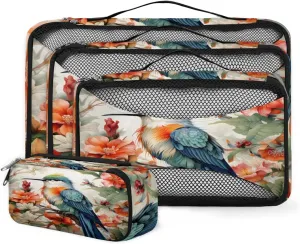 4 Set Packing Cubes for Suitcases, Travel Essentials for Carry on Luggage, Flower Bird Suitcase Organizers for Clothes Shoes Toiletries Travel Accessories in 4 Sizes - Cartoon Bird