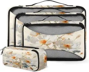 4 Set Packing Cubes for Suitcases, Travel Essentials for Carry on Luggage, Flowers Bee Suitcase Organizers for Clothes Shoes Toiletries Travel Accessories in 4 Sizes - Fantastic Bee