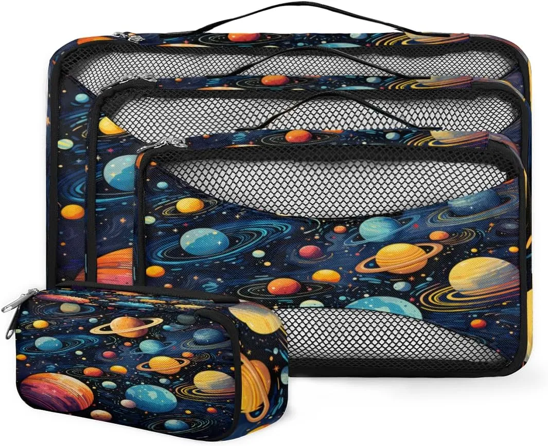 4 Set Packing Cubes for Suitcases, Travel Essentials for Carry on Luggage, Glowing Galaxy Suitcase Organizers for Clothes Shoes Toiletries Travel Accessories in 4 Sizes - Cartoon Galaxy