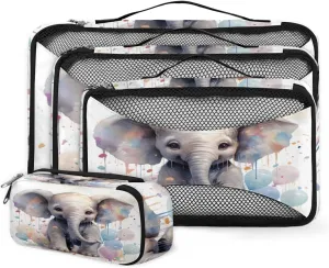4 Set Packing Cubes for Suitcases, Travel Essentials for Carry on Luggage, Graffiti Elephant Suitcase Organizers for Clothes Shoes Toiletries Travel Accessories in 4 Sizes - Cartoon Elephant