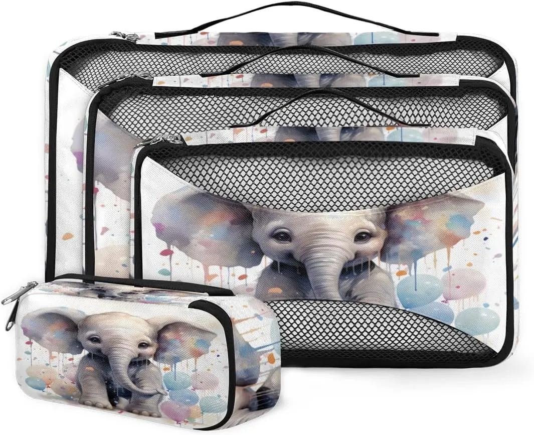 4 Set Packing Cubes for Suitcases, Travel Essentials for Carry on Luggage, Graffiti Elephant Suitcase Organizers for Clothes Shoes Toiletries Travel Accessories in 4 Sizes - Cartoon Elephant