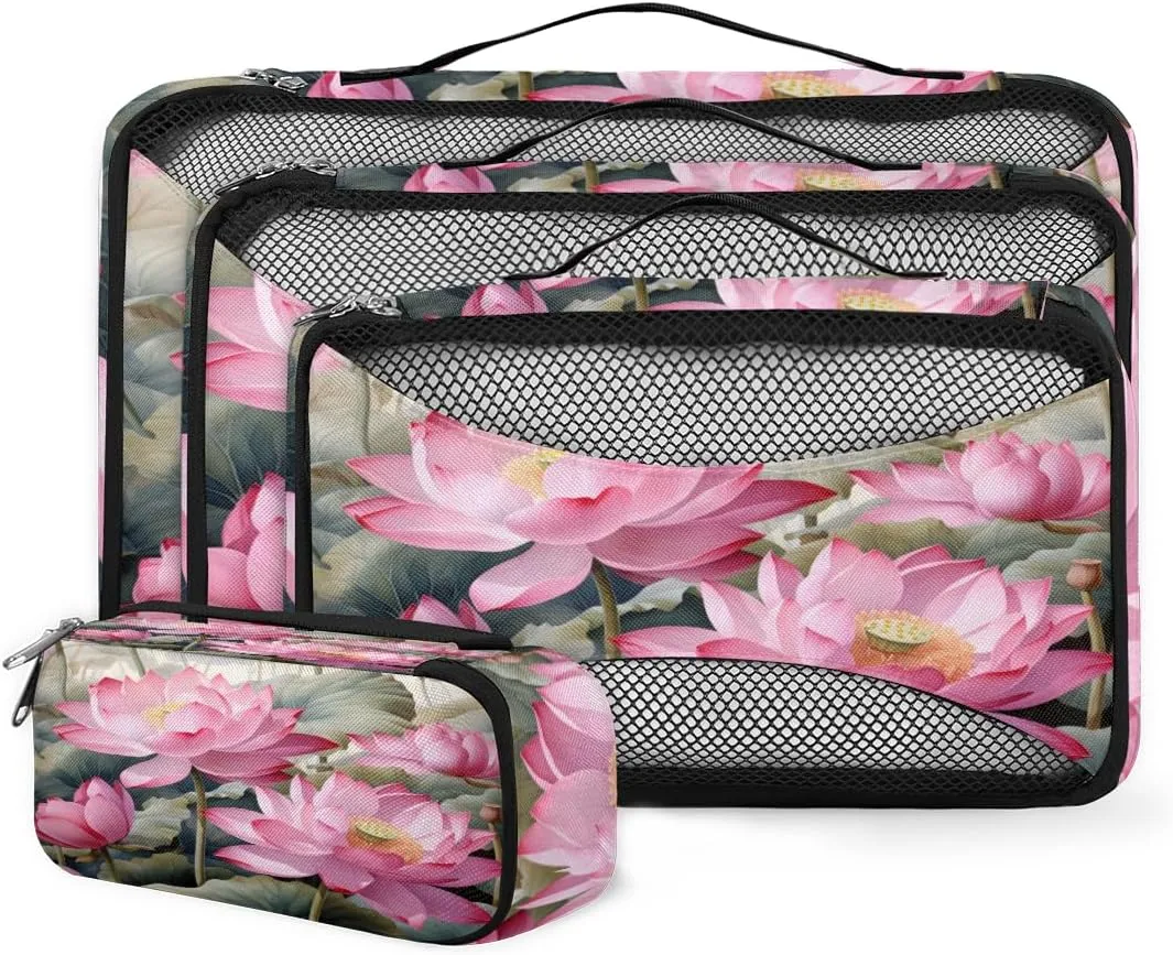 4 Set Packing Cubes for Suitcases, Travel Essentials for Carry on Luggage, Graffiti Flower Suitcase Organizers for Clothes Shoes Toiletries Travel Accessories in 4 Sizes - Oil Painting Flower