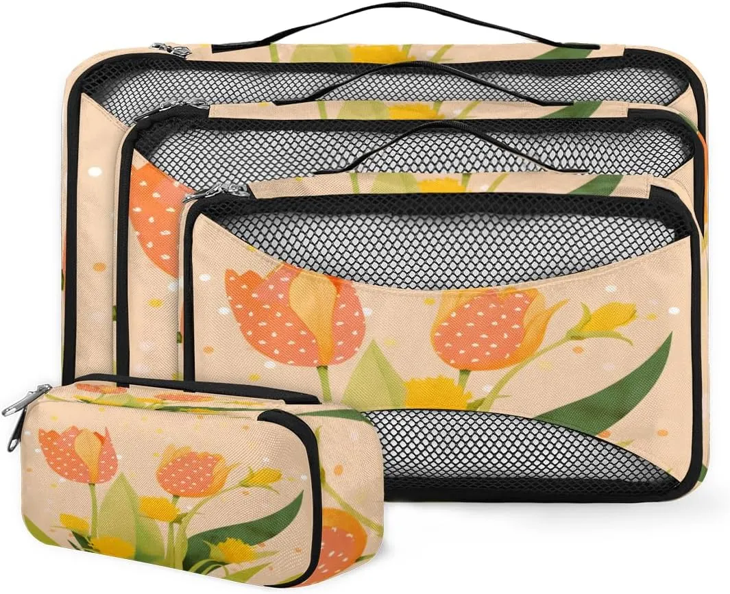4 Set Packing Cubes for Suitcases, Travel Essentials for Carry on Luggage, Graffiti Tulips Suitcase Organizers for Clothes Shoes Toiletries Travel Accessories in 4 Sizes - Abstract Tulips