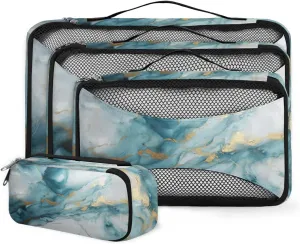 4 Set Packing Cubes for Suitcases, Travel Essentials for Carry on Luggage, Indigo Blue Marble Suitcase Organizers for Clothes Shoes Toiletries Travel Accessories in 4 Sizes - Fantastic Marble