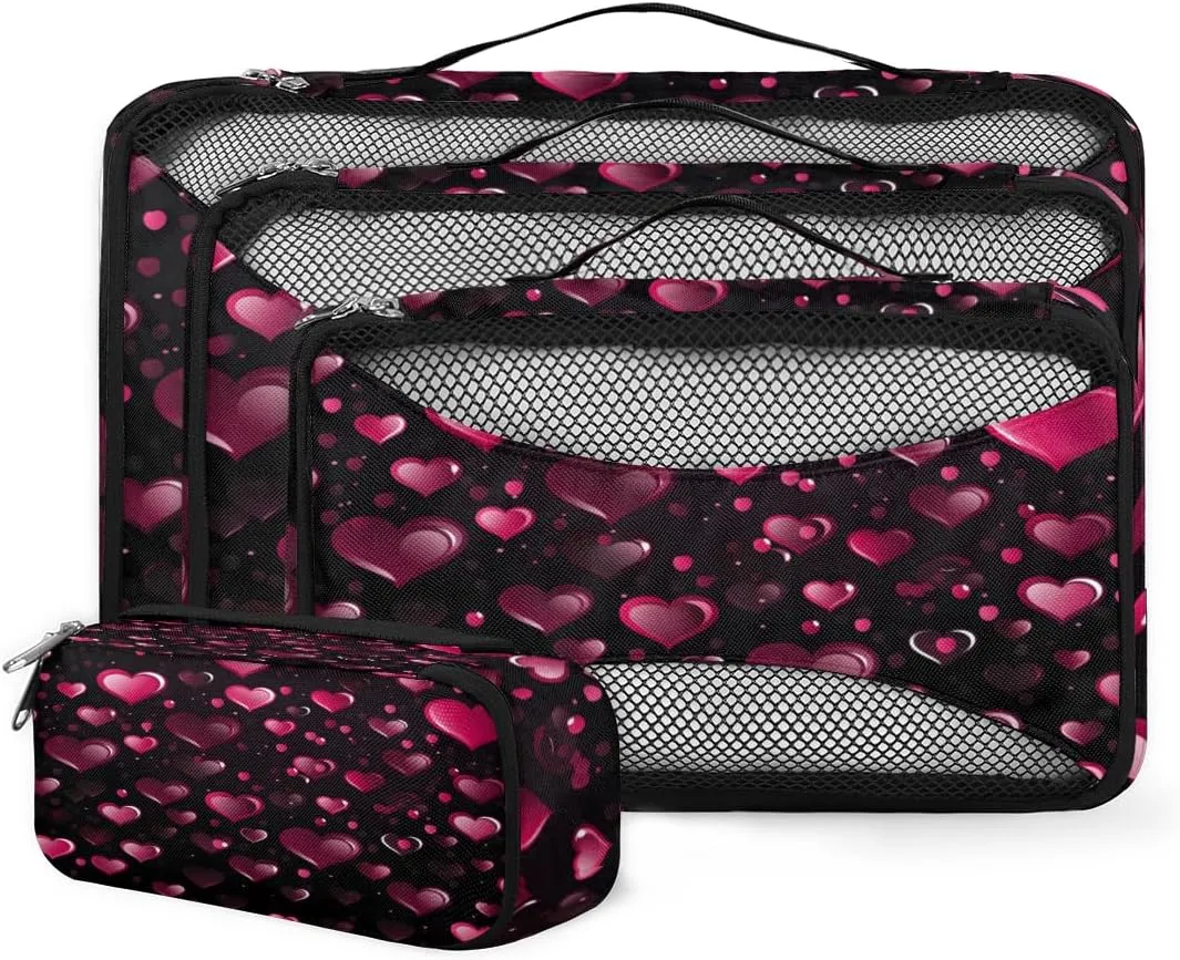 4 Set Packing Cubes for Suitcases, Travel Essentials for Carry on Luggage, Magical Heart Suitcase Organizers for Clothes Shoes Toiletries Travel Accessories in 4 Sizes - Red Heart