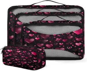 4 Set Packing Cubes for Suitcases, Travel Essentials for Carry on Luggage, Magical Heart Suitcase Organizers for Clothes Shoes Toiletries Travel Accessories in 4 Sizes - Red Heart