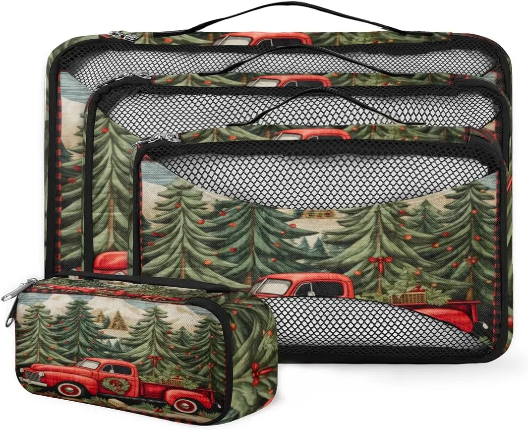 4 Set Packing Cubes for Suitcases, Travel Essentials for Carry on Luggage, Magical Truck Suitcase Organizers for Clothes Shoes Toiletries Travel Accessories in 4 Sizes - Christmas Truck