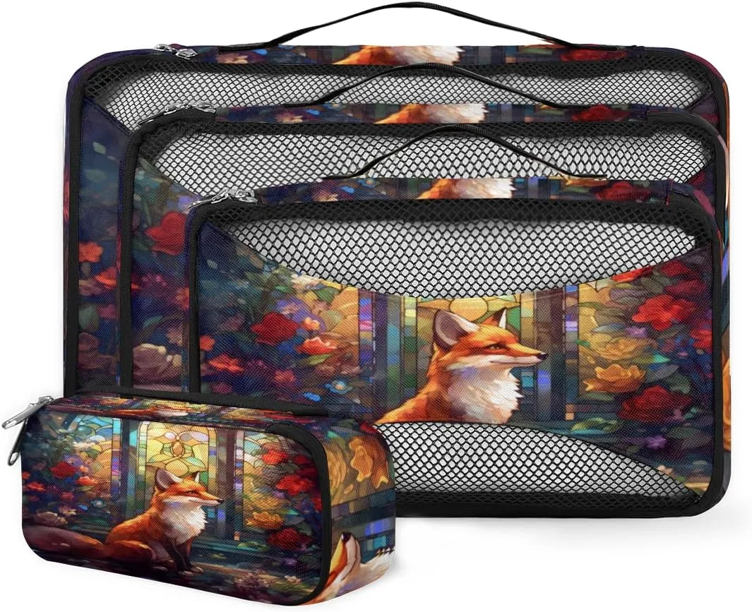 4 Set Packing Cubes for Suitcases, Travel Essentials for Carry on Luggage, Mandala Fox Suitcase Organizers for Clothes Shoes Toiletries Travel Accessories in 4 Sizes - Cute Fox