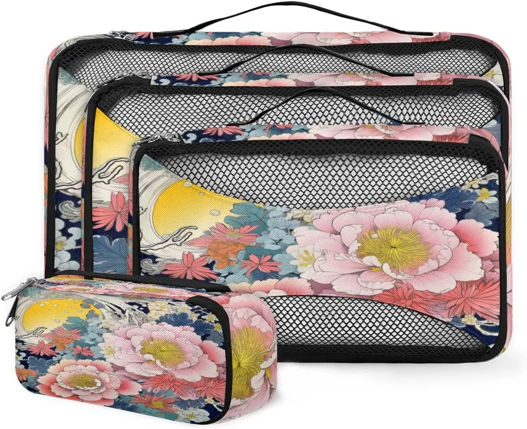 4 Set Packing Cubes for Suitcases, Travel Essentials for Carry on Luggage, Modern Flower Suitcase Organizers for Clothes Shoes Toiletries Travel Accessories in 4 Sizes - Beautiful Flower