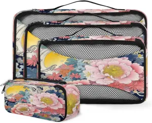 4 Set Packing Cubes for Suitcases, Travel Essentials for Carry on Luggage, Modern Flower Suitcase Organizers for Clothes Shoes Toiletries Travel Accessories in 4 Sizes - Beautiful Flower