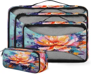 4 Set Packing Cubes for Suitcases, Travel Essentials for Carry on Luggage, Modern Flower Suitcase Organizers for Clothes Shoes Toiletries Travel Accessories in 4 Sizes - Lively Flower