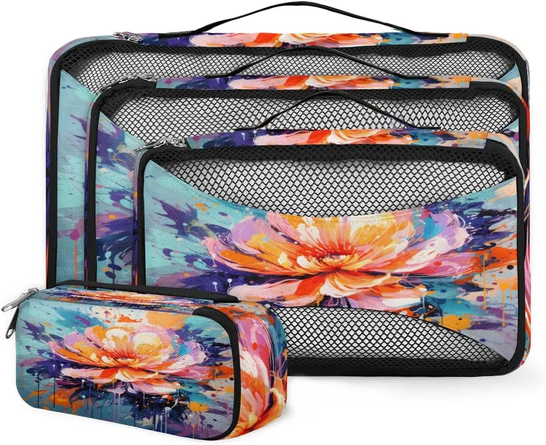 4 Set Packing Cubes for Suitcases, Travel Essentials for Carry on Luggage, Modern Flower Suitcase Organizers for Clothes Shoes Toiletries Travel Accessories in 4 Sizes - Lively Flower