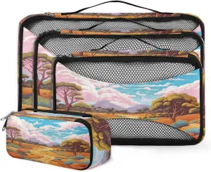 4 Set Packing Cubes for Suitcases, Travel Essentials for Carry on Luggage, Modern Forest Suitcase Organizers for Clothes Shoes Toiletries Travel Accessories in 4 Sizes - Autumn Forest