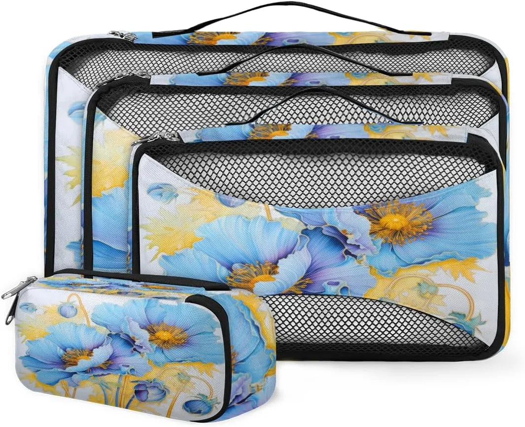 4 Set Packing Cubes for Suitcases, Travel Essentials for Carry on Luggage, Mystical Flower Suitcase Organizers for Clothes Shoes Toiletries Travel Accessories in 4 Sizes - Beautiful Flower