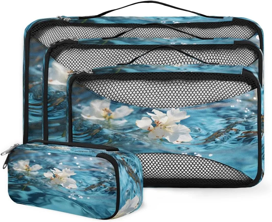 4 Set Packing Cubes for Suitcases, Travel Essentials for Carry on Luggage, Mystical Flower Suitcase Organizers for Clothes Shoes Toiletries Travel Accessories in 4 Sizes - Retro Flower