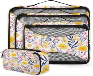 4 Set Packing Cubes for Suitcases, Travel Essentials for Carry on Luggage, Mystical Flowers Suitcase Organizers for Clothes Shoes Toiletries Travel Accessories in 4 Sizes - Romantic Flowers