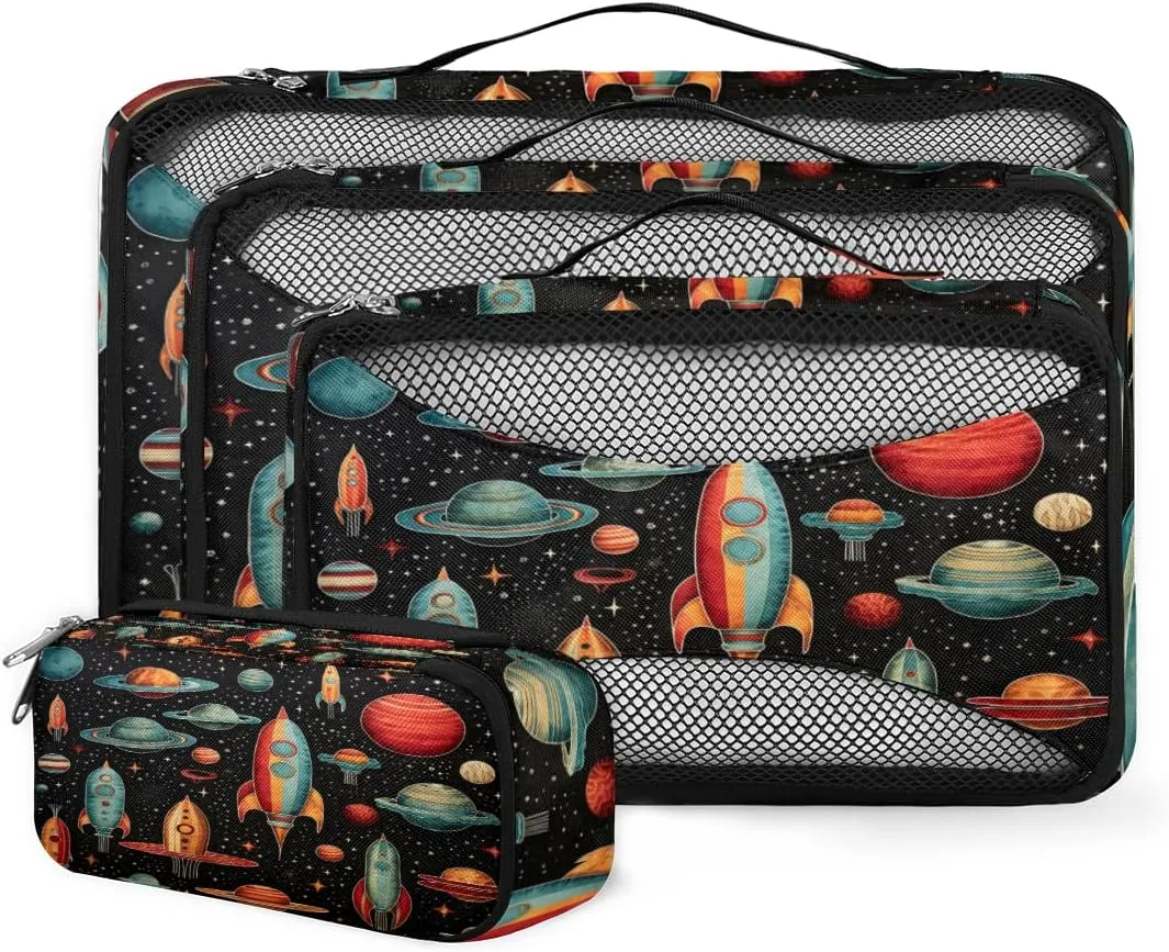 4 Set Packing Cubes for Suitcases, Travel Essentials for Carry on Luggage, Mystical Galaxy Suitcase Organizers for Clothes Shoes Toiletries Travel Accessories in 4 Sizes - Cartoon Galaxy
