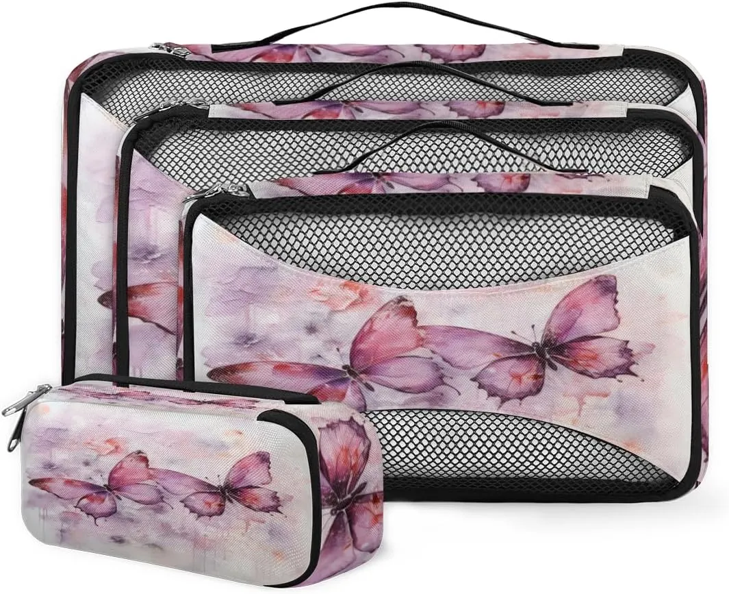4 Set Packing Cubes for Suitcases, Travel Essentials for Carry on Luggage, Oil Painting Butterfly Suitcase Organizers for Clothes Shoes Toiletries Travel Accessories in 4 Sizes - Retro Butterfly