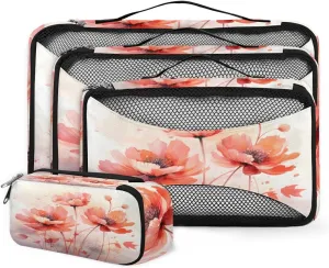 4 Set Packing Cubes for Suitcases, Travel Essentials for Carry on Luggage, Oil Painting Flower Suitcase Organizers for Clothes Shoes Toiletries Travel Accessories in 4 Sizes - Retro Flower