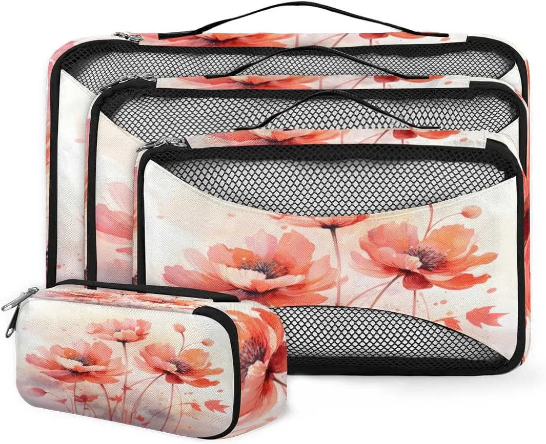 4 Set Packing Cubes for Suitcases, Travel Essentials for Carry on Luggage, Oil Painting Flower Suitcase Organizers for Clothes Shoes Toiletries Travel Accessories in 4 Sizes - Retro Flower