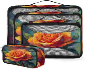 4 Set Packing Cubes for Suitcases, Travel Essentials for Carry on Luggage, Oil Painting Flower Suitcase Organizers for Clothes Shoes Toiletries Travel Accessories in 4 Sizes - Rose Flower