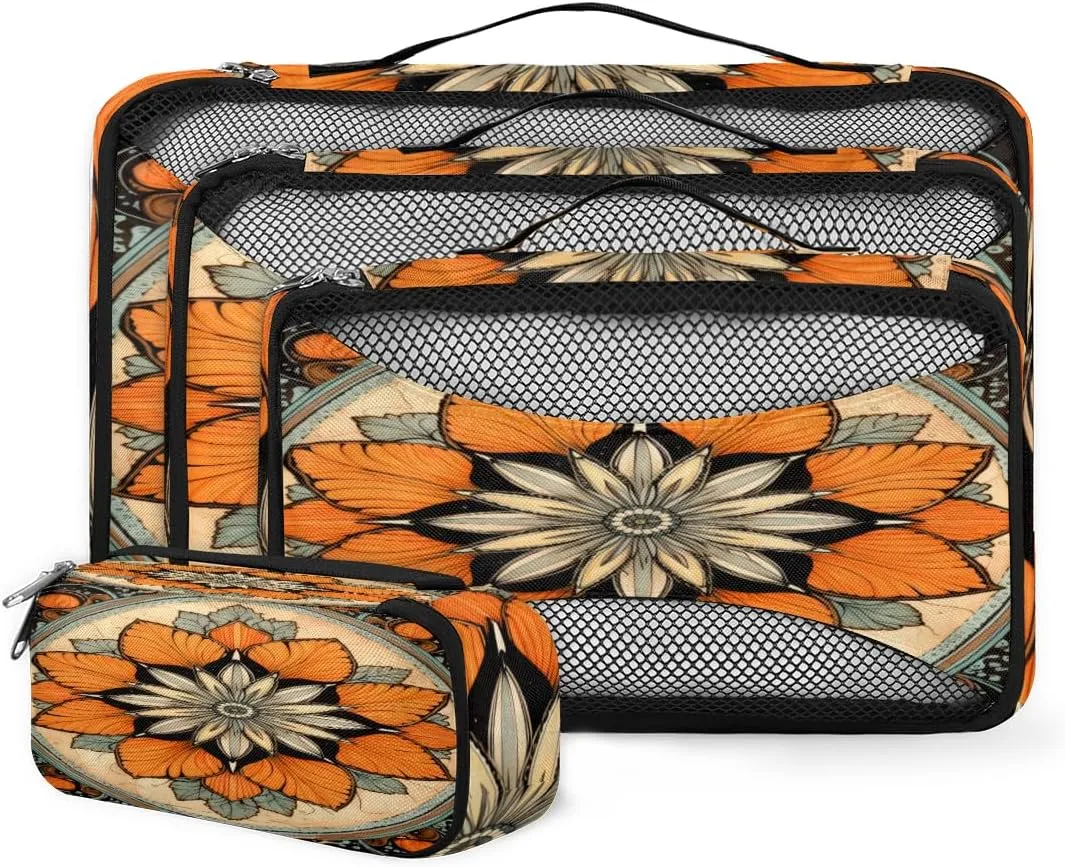 4 Set Packing Cubes for Suitcases, Travel Essentials for Carry on Luggage, Orange Mandala Suitcase Organizers for Clothes Shoes Toiletries Travel Accessories in 4 Sizes - Retro Mandala